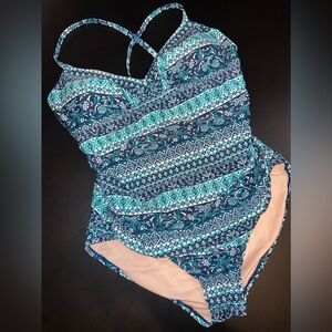 Kona Sol Shirred Adjustable Tie One Piece Swimsuit in Blue Size XL EUC